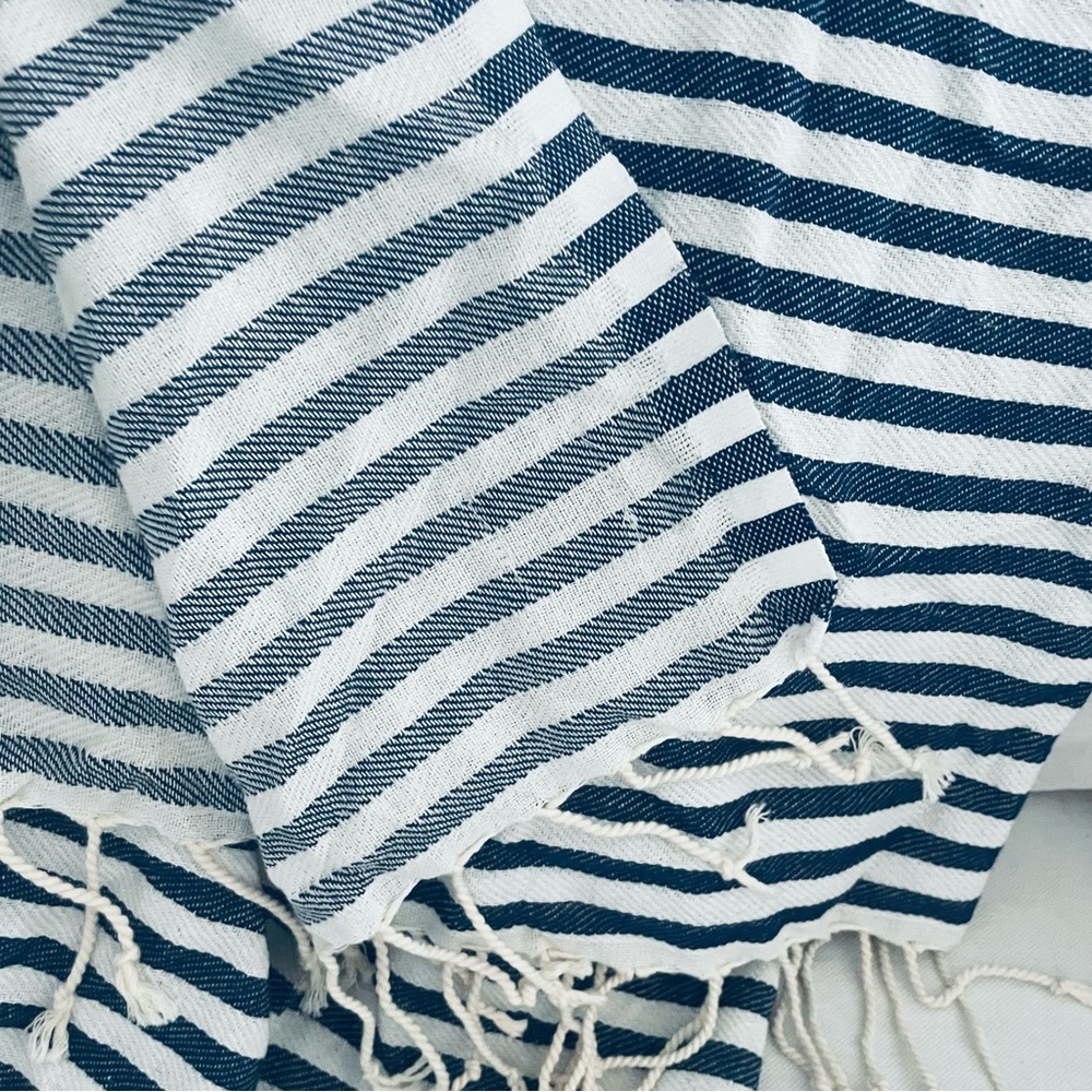 Gold Case Blue and White Stripe Turkish fringe Cotton Peshtamel Towel Wrap - Picture 12 of 16
